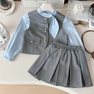 Girls' Spring and Autumn suit 2024 New Style Girl's College Style Shirt Vest Pleated Skirt Fashionable Three-Piece Set Trendy