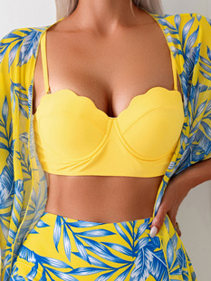 Amazon Cross-border New Maple Leaf Printed High Waist Mesh Coat Triangle Slim Bikini Foreign Trade Swimsuit Women