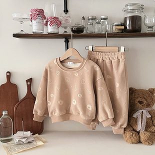2024 autumn and winter children's coat printed sweater sports suit fleece-lined warm children's clothing long sleeve trousers two-piece set