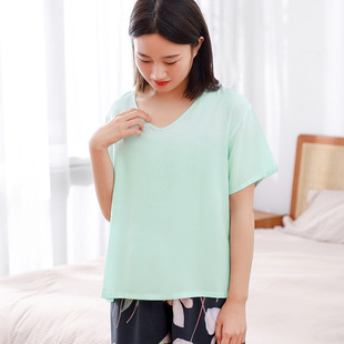 Summer Women's Cotton Silk Short-sleeved Solid Color V-neck Loose Comfortable Casual Rayon Cool Fabric Home Clothes Pajamas for Women