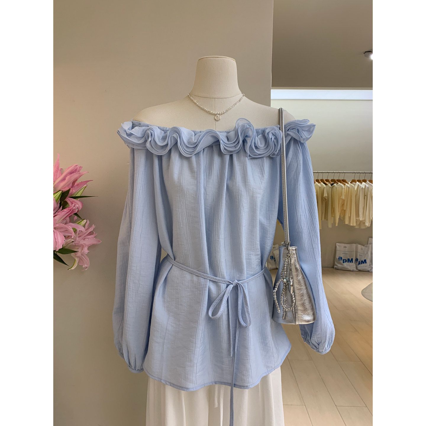 Heartbeat Signal Three-Dimensional Ruffle Lace Off-Shoulder Shirt Early Spring Gentle Atmosphere Loose Slimming Lantern Sleeve Blouse