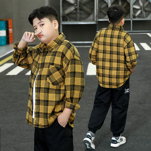 Chubby Men's Big Children's 2022 New Spring and Autumn Shirt Large Children's Wear Plus Size Plaid Casual Loose Top