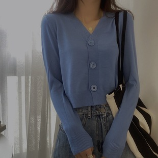 Early Autumn Long Sleeve Knitted Sweater Women's Thin 2024 New V-Neck Short Knitted Cardigan Small Coat Top