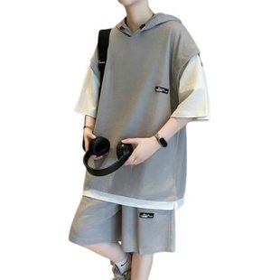 Summer trendy waffle short-sleeved suit men's fake two-piece casual plus size loose all-match sports handsome two-piece suit