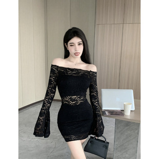 Socialite off-shoulder lace dress women's autumn new bottoming close-fitting slimming elegant sexy hip short skirt