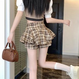 Plaid Skirt Trousers Skirt Short Skirt A- line Skirt High Waist Slimming Small Fresh Summer Spice Girl Pure Desire Short Puff Skirt