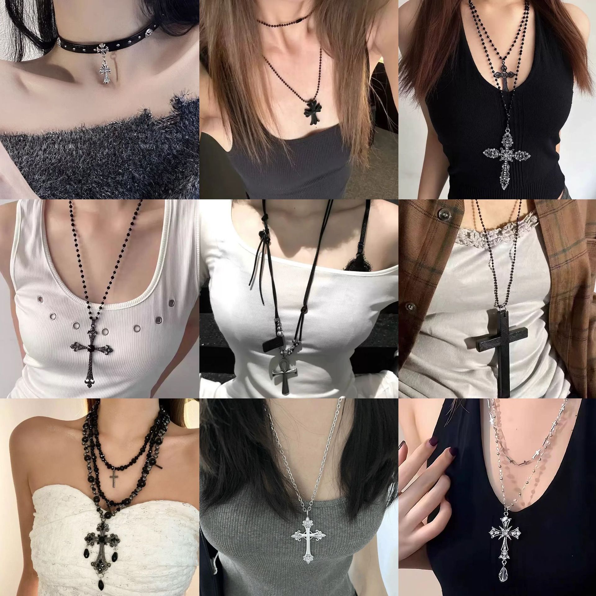Trendy Retro Dark Cross Beaded Necklace Niche Long Style Subculture Spicy Girl Beads High-End Sweater Chain