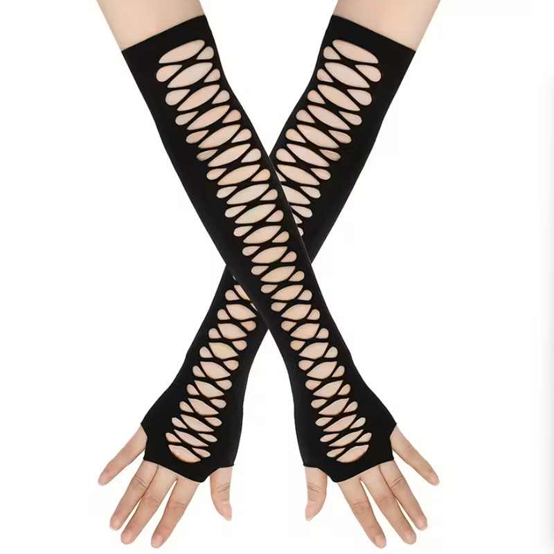 Creative Halloween Costume Gloves, Mid-Length Fingerless Design with Holes, Cross Mesh, Elastic Party Cosplay Gloves