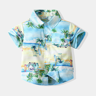 Children's Shirt Beach Style Summer New Boys Seaside Casual Shirt Children's Short-sleeved Coconut Tree Boys Shirt