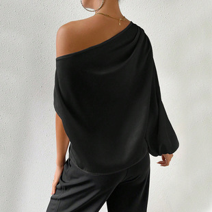 Cross-border European and American Women's 2024 Autumn and Winter Elegant Shoulder Long Sleeve Sexy Shoulder Loosen Shoulder Design Top