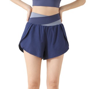 Color-matching Fake Two-piece Yoga Shorts Naked High Waist Hip-lifting Anti-glare Sports Shorts Outer-wear Running Fitness Pants for Women