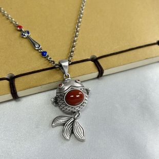 S990 pure silver south red koi fish pendant goldfish tassel pendant trendy men's and women's simple retro ethnic style pendant