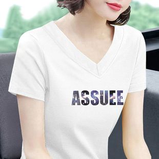 100 Cotton V-neck Short-sleeved T-shirt Women's 2024 Summer Thin plus size Middle-aged Mother Loose Belly-covering Half-sleeved Top
