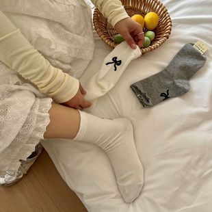 Маленькие нежные носки для девочек в Корейском стиле с бантом на каблуке, носки до середины икры в стиле чистого желания с маленькими кожаными туфлями