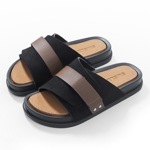 Casual Slippers Men's Summer Outer Wear Leather Double Strap Metal Buckle Flat Non-Slip Sandals for Men