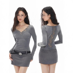 Official picture real price spring and autumn hot girl design feeling T-shirt lace stitching leak back V-neck base shirt with pure desire top