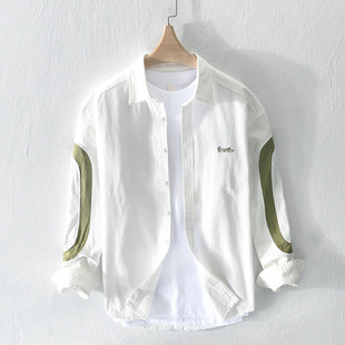 Spring and Autumn New Fresh Men's Shirt Casual Embroidery Stitching Long-sleeved Crock Jacket Youth Trendy Solid Color Shirt