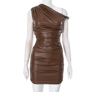 Sanhu Lianjiang H24DS298 European and American women's imitation leather stitching diagonal collar kink pleated hip dress wholesale