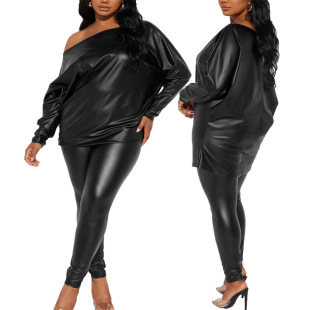 C8906 Cross-border Amazon European and American New Solid Color One-character Collar plus size Women's Slim-fit Slim-fit Leather suit