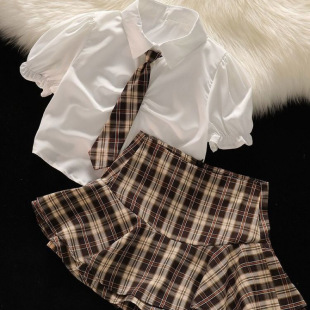 College-style suit Pure Desire Sweet Spice Girl Bubble Sleeve Short Shirt Top Women's Character Plaid Skirt Two-piece Set