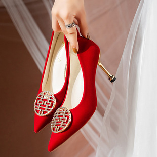 Wedding Shoes Xiuhe Wedding Dress Rhinestone Bridal Shoes Stiletto Heel Embroidered Wedding Shoes New Women's Shoes Korean-style Metal Double Happiness High Heels