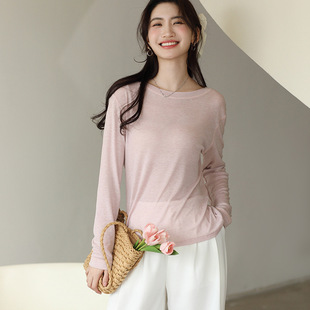 Tencel Acetate Lyocell Base Shirt Women's Spring and Summer Inner Crewneck Blouse Long-sleeved T-shirt Micro-transparent Outer Wear Knitwear