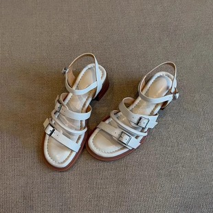Ready-Made Version ~ French Belt Buckle Round Toe Versatile Sandals for Women with Soft Soles That Are Not Tiring for Feet and Thick Heel Roman Shoes