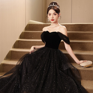 Evening Dress Women's 2024 New Banquet Dress Annual Party Gauze Slimming Black Suspenders Dress