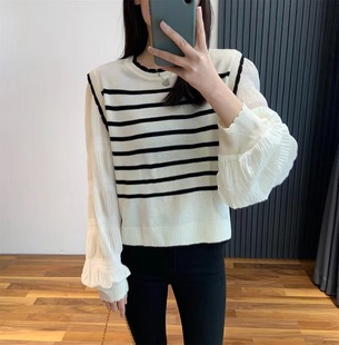 2023 spring new elegant striped sweater round neck fake two-piece puff sleeve loose slimming pullover bottoming shirt