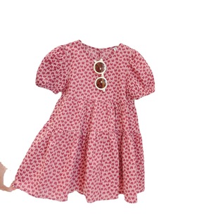 Summer New Girls' Fashionable Cotton and Linen Crumple Design Full Print Love Short Sleeve Dress Trendy 77070