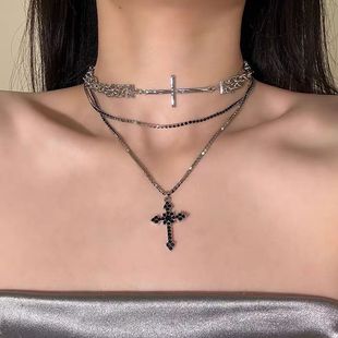 Vintage Personalized Diablo Black Cross Double-layer Multi-layer Stacked Necklace Niche Light Luxury High-end Clavicle Chain