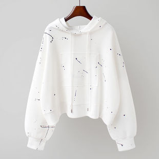 Autumn 2024 New Hooded Long-sleeved Sweat Women's Korean-style Short Loose Fashion Irregular Printed Pullover Top