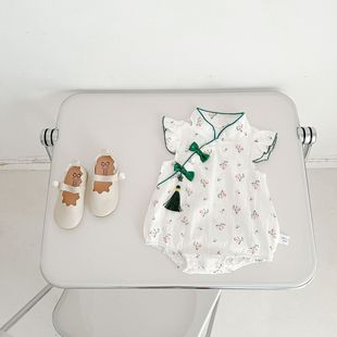 新生婴儿短袖包屁衣夏季薄款中国风旗袍三角哈衣时尚包屁服