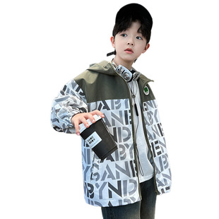 Children's Clothing Boy's Autumn Coat Spring and Autumn 2025 New Handsome Large Children's Letter Printing Color-blocked Hooded Coat