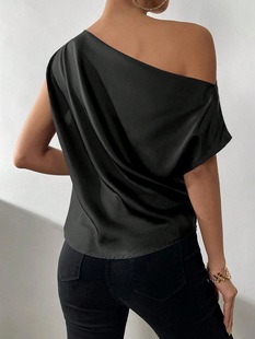 2025 European and American Summer Women's Solid Color One-Shoulder Backless Asymmetrical Neckline Satin Shirt One-Shoulder Top for Women