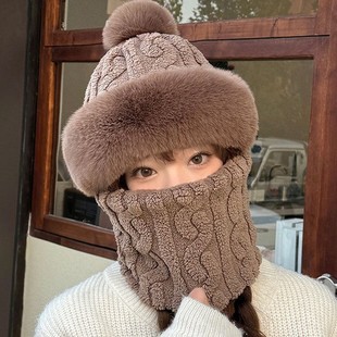 Autumn and Winter Hat Women's fleece-lined Thickened Outdoor Riding Wind-proof Hat Bib Mask Integrated Ear Protection Warm Baotou Hat