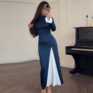 Autumn 2024 New European and American Cross-border Amazon Cross-border Women's Fashion Contrast Color Stitching Slim-fit Long Sleeve dress