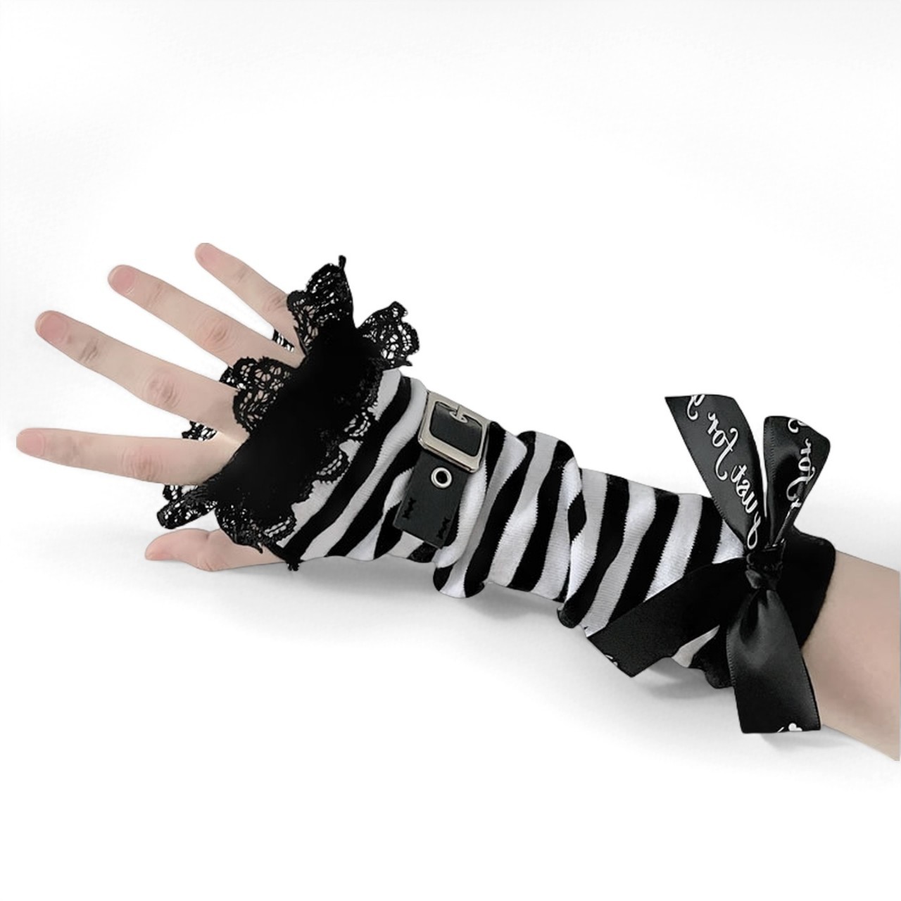Dark Leather Buckle Sleeves Sun Protection Stripesd Gothic Subculture Harajuku Style Lolita Bow Lace Gloves