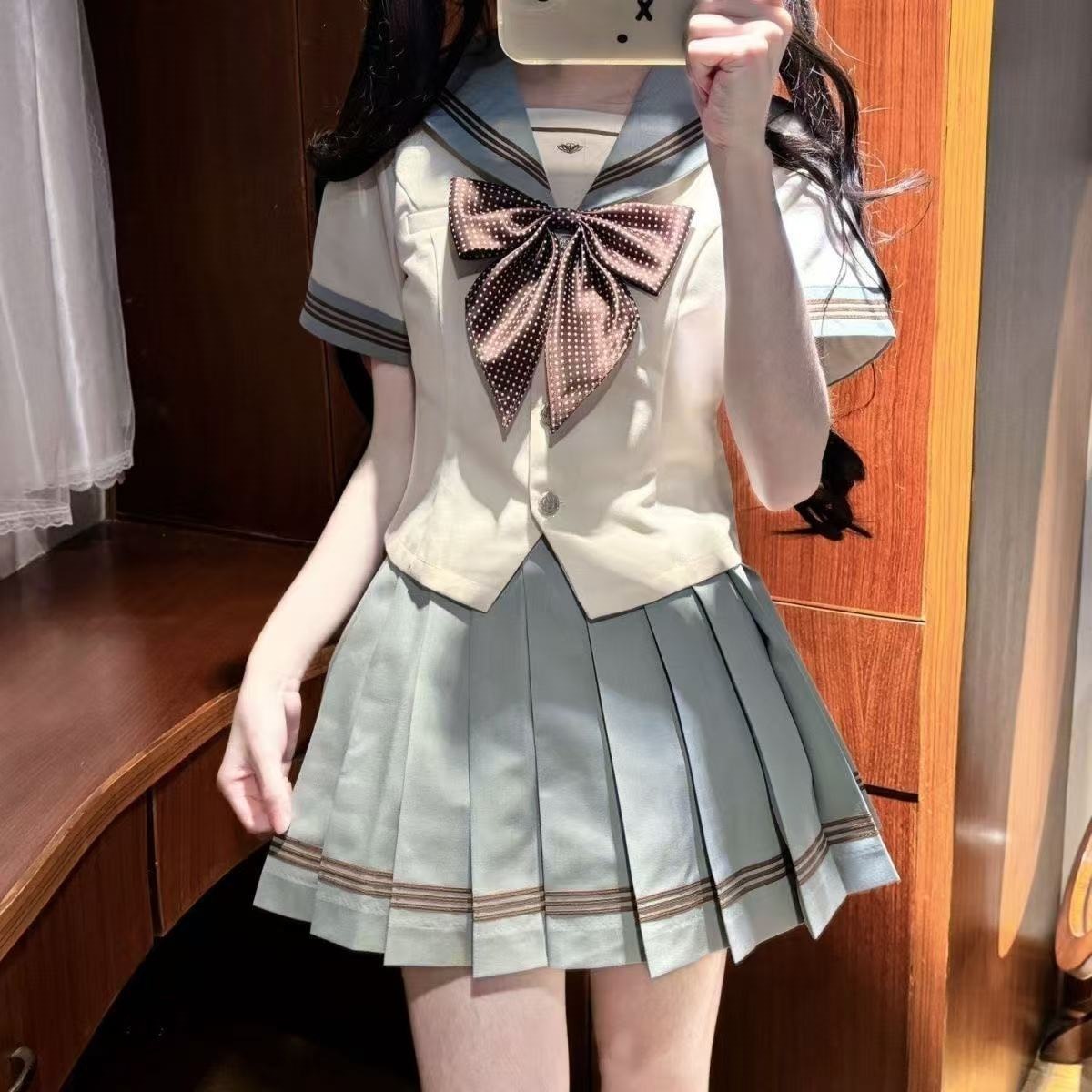 Jk Girls' Sweet Sailor Uniform Summer Pleated Skirt Navy Bow Short-Sleeved Top Set Trendy 0008A011