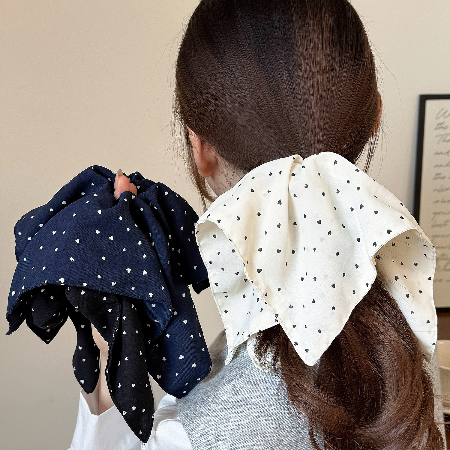 Korean-Style Gentle Polka Dot Square Scarf Hair Tie for Women, Lazy Style Versatile Hair Accessory, Extra-Large Square New Hair Tie