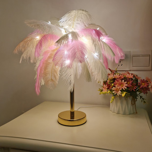 Ostrich Feather Lamp Princess Bedroom ins Internet Famous Bedside Table Lamp White Pink Nordic Creative Changming Night Light