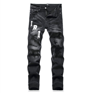 Autumn New High Street Men's Ripped Jeans Embroidered Cross Ins Tight Mid-Waist Men's Trendy Casual Black Pants