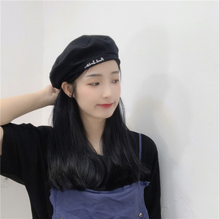 Japanese Style Black Letter Embroidered Beret Women's Summer Thin British Style Retro Painter's Casual All-match Octagonal Cap