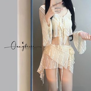 2024 New Swimsuit Four-piece Set Long-sleeved Lace Elegant Sexy Pure Desire Small Chest Gather-up Holiday Bikini Women