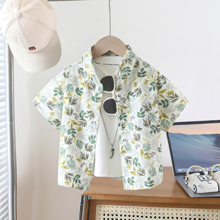 2024 Boys' Cotton Shirt Summer Pi Shuai Beach Style Short-sleeved Shirt Children's Fried Street Printed Men's and Women's suit
