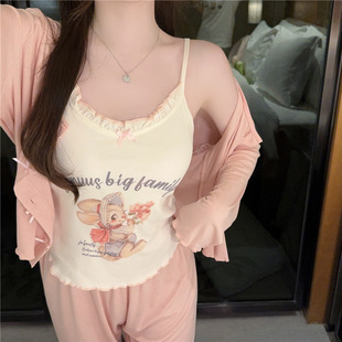 Pajamas Women's Summer and Autumn Modal Cotton Bunny Plant Spray-painted Long-sleeved Suspender Trousers Three-piece Set with Breast Cotton Home Clothes