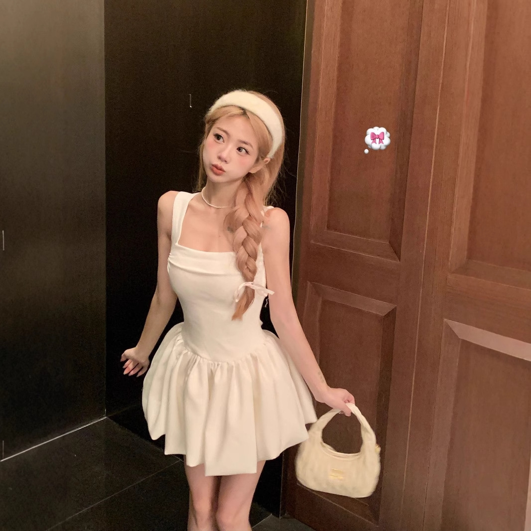 Spicy Girl Ballet Style Waist-Cinching Puffy Strap Dress for Women, Summer French Bud Dress, Birthday Party Dress, Elegant Dress