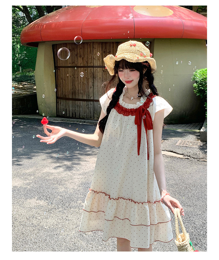 Bibi Bency's New Sweet Summer Polka Dot Dress with Bow and Short Flutter Sleeves for Petite Women, Mid-Length