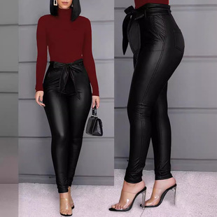 Amazon wish solid color PU leather pants casual sexy skinny pants women's trousers foreign trade (with belt)