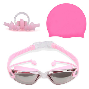Cross-border Explosions HD Waterproof Anti-fog Swimming Glasses for Men and Women with Earplugs for Adults Electroplated Goggles Swimming Cap suit